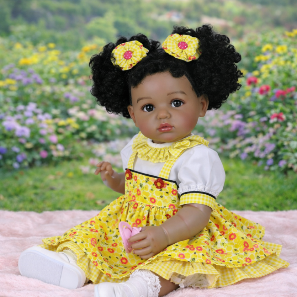 Radiant Sunny Mae 22-inch African American lifelike reborn baby doll with full vinyl body and yellow floral dress