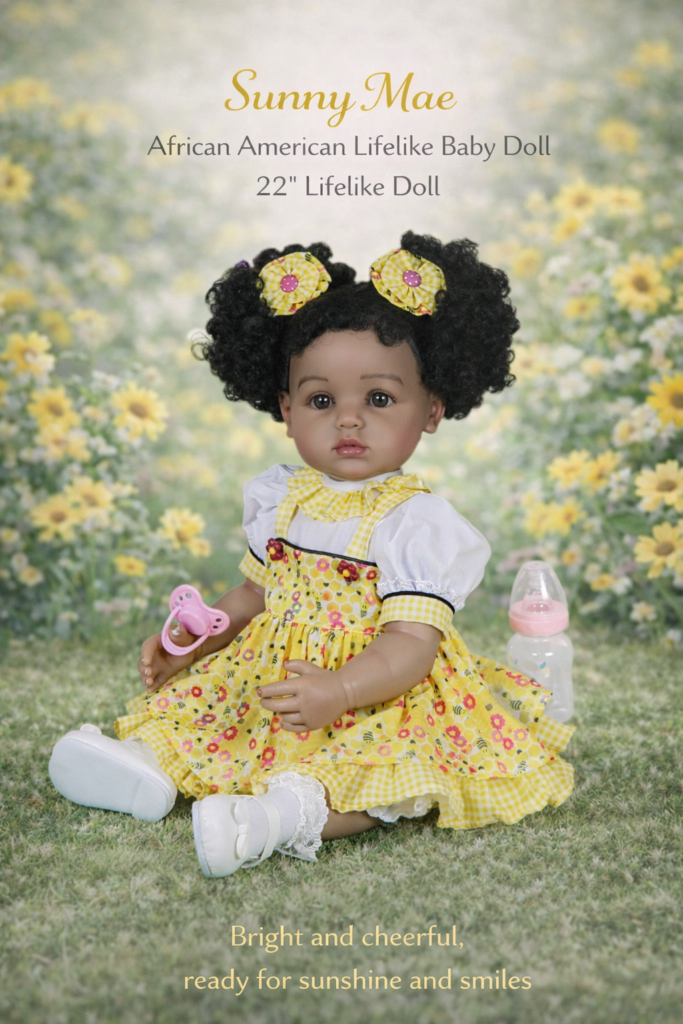 Radiant Sunny Mae 22-inch African American lifelike reborn baby doll with full vinyl body and yellow floral dress