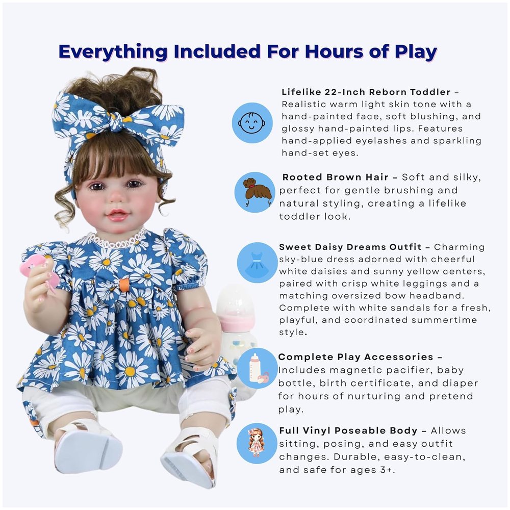 Sweet Daisy Dreams Reborn Toddler Doll – 22-Inch Lifelike Brown-Haired Beauty
