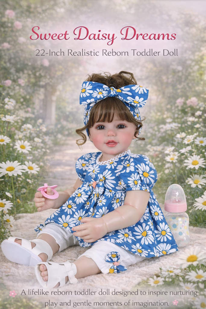 Sweet Daisy Dreams 22-inch realistic reborn toddler doll in a daisy-print dress and matching headband sitting in a spring garden.