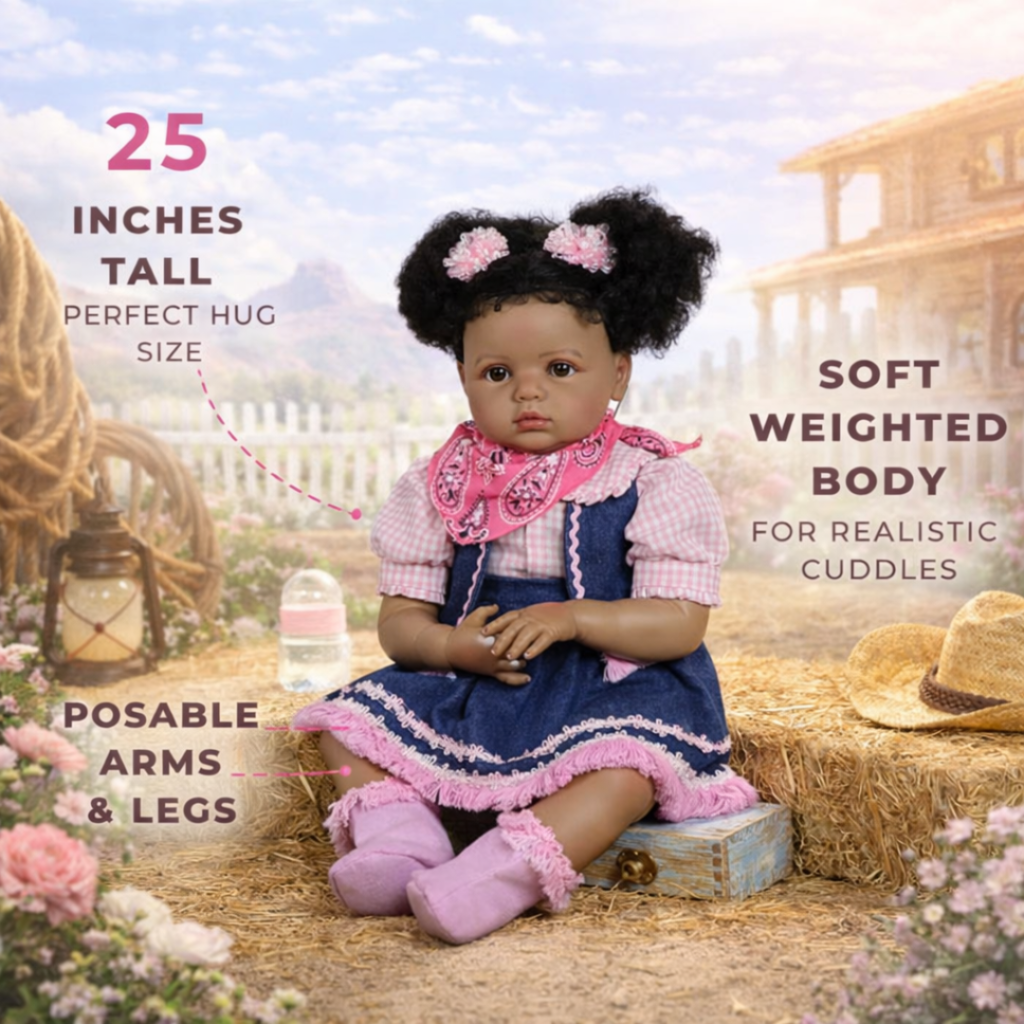 Infographic showing features of Sweet Prairie reborn doll including 25-inch height, weighted cloth body, and 3D hand-painted skin details.