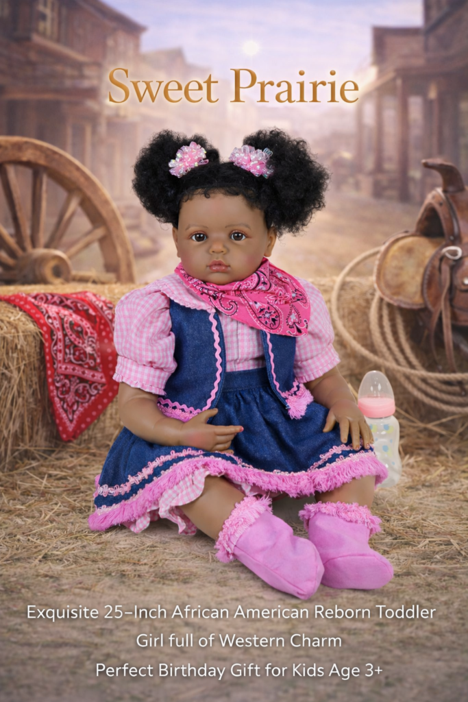 Sweet Prairie exquisite 25-inch African American reborn toddler with curly puffs in a pink gingham western outfit and boots.