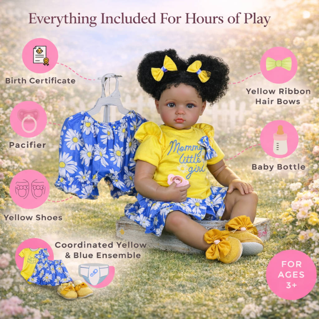 Sweet Sunshine Daisy exquisite 25-inch African American reborn toddler with hand-rooted black curls in a yellow daisy outfit.