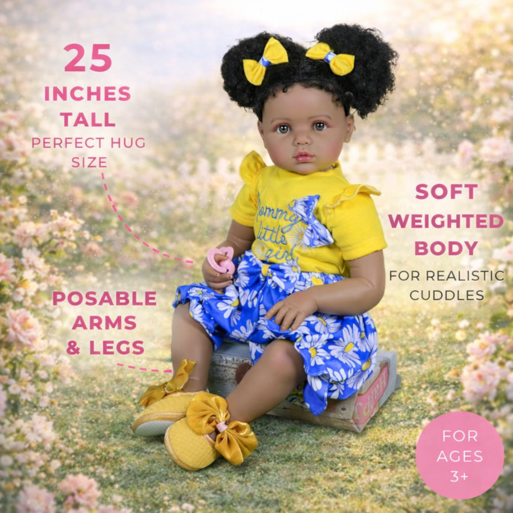 Sweet Sunshine Daisy exquisite 25-inch African American reborn toddler with hand-rooted black curls in a yellow daisy outfit.