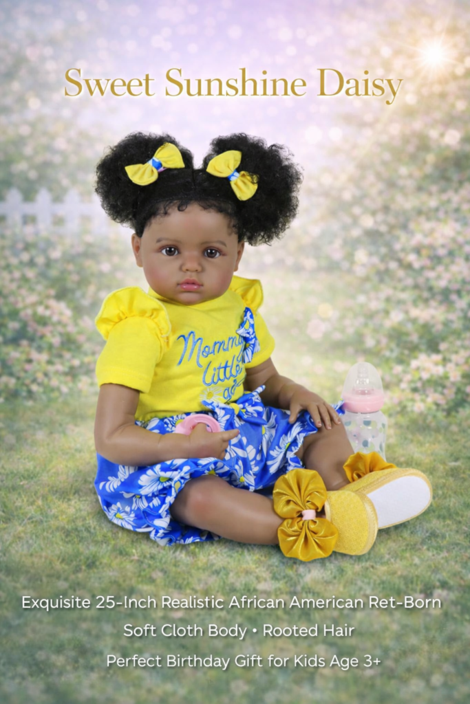 Sweet Sunshine Daisy exquisite 25-inch African American reborn toddler with hand-rooted black curls in a yellow daisy outfit.