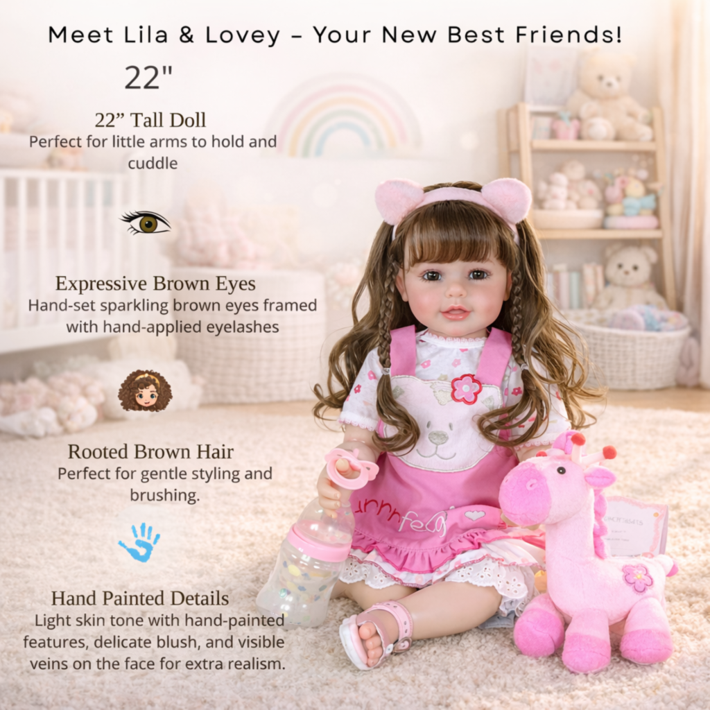 Lila Lovey realistic doll hugging her soft plush giraffe companion