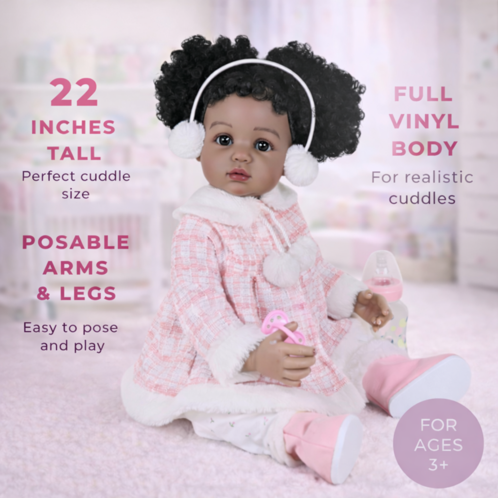 Adorable Play Day Amaya 22-inch African American reborn baby doll with full vinyl body in a pink plaid winter coat and earmuffs