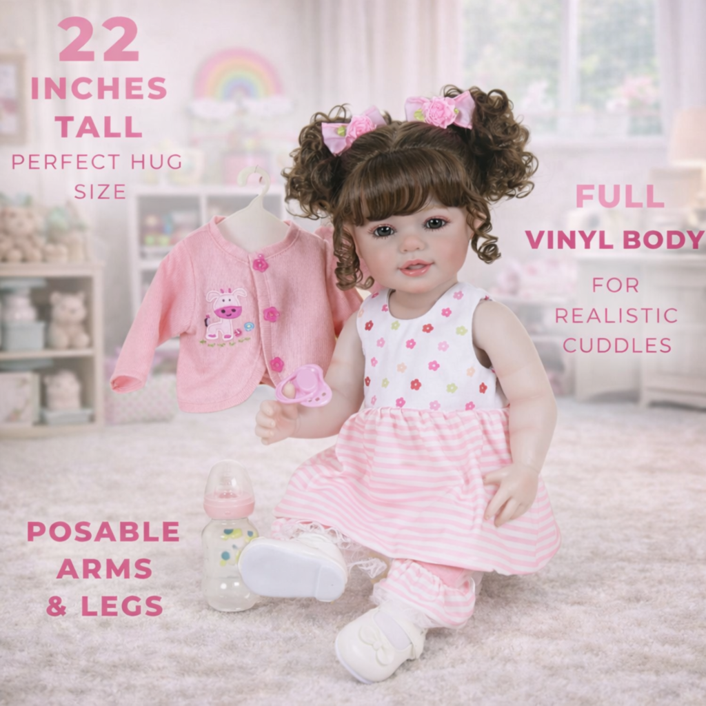 Adorable Play Day Amaya 22-inch African American lifelike baby doll with full vinyl body in a pink floral dress