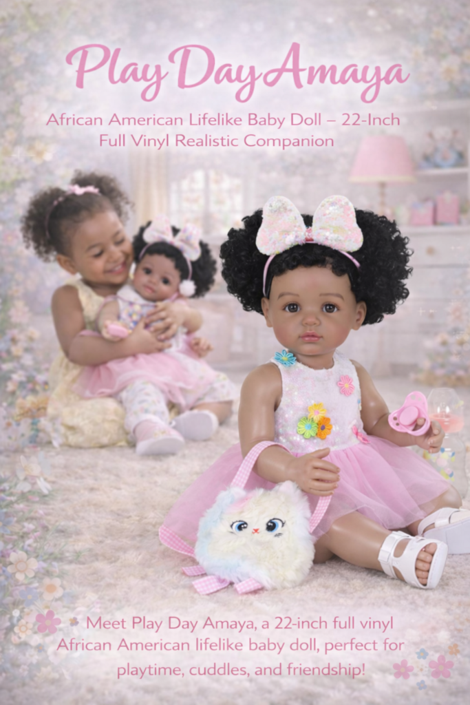 Adorable Play Day Amaya 22-inch African American reborn baby doll with full vinyl body and pink floral dress