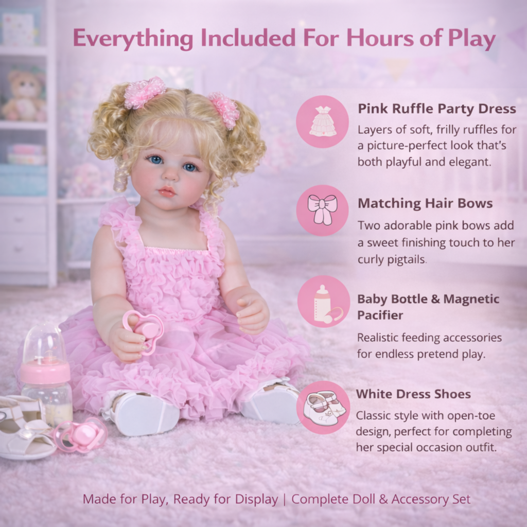 Aubrey Rose reborn doll complete play set including pink ruffle dress hair bows pacifier baby bottle and shoes