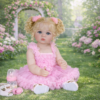 Aubrey Rose reborn toddler doll sitting in garden setting with pink dress pacifier and baby bottle accessories