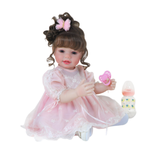 Butterfly Princess toddler doll holding pacifier with baby bottle in soft pink outfit