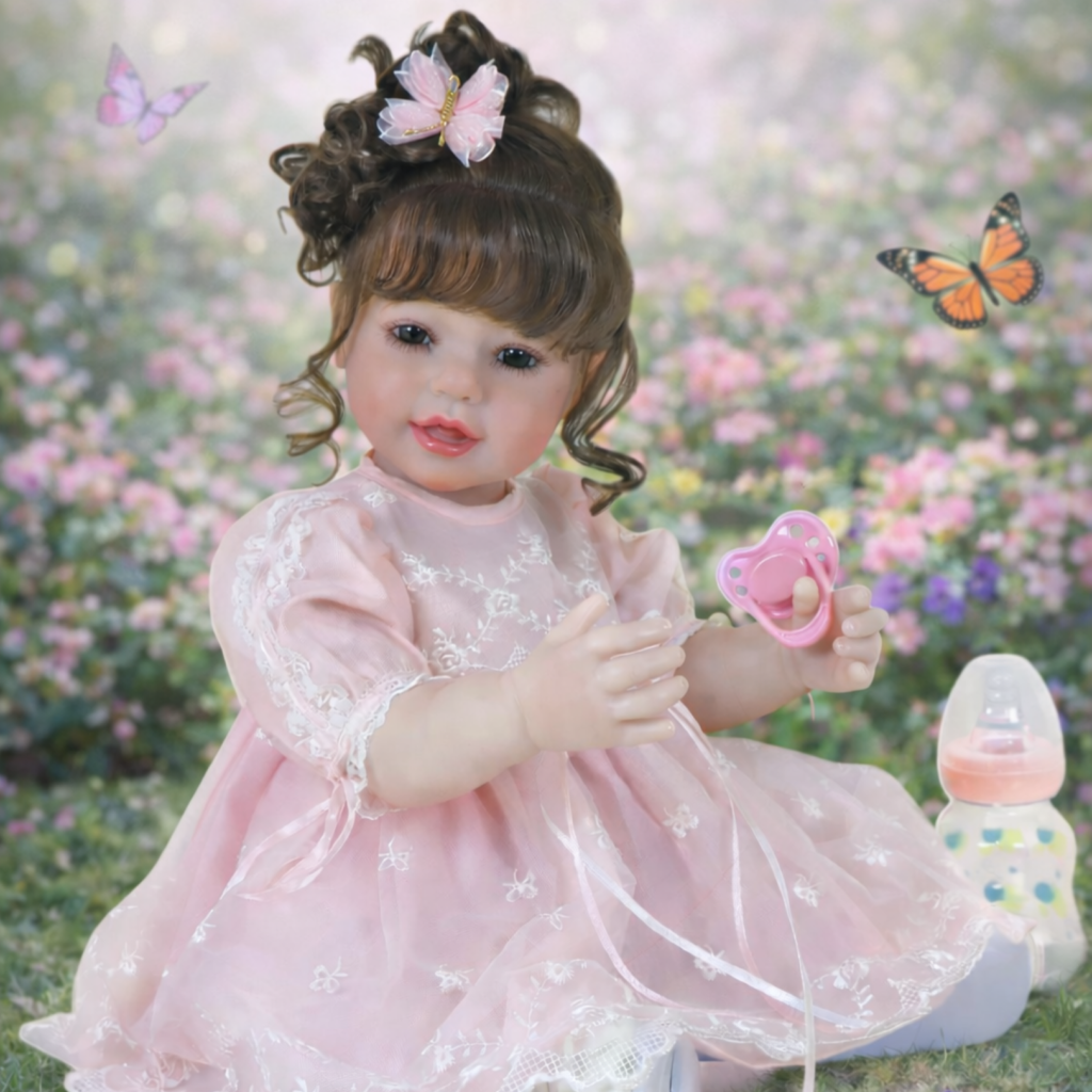 Butterfly Princess toddler doll in pink dress sitting in flower garden holding pacifier and bottle