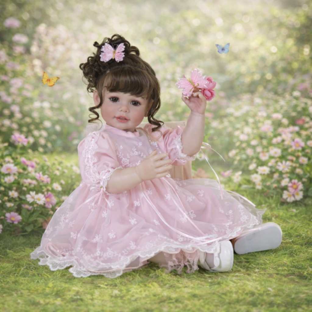 Butterfly Princess toddler doll holding butterfly accessory in soft floral outdoor setting