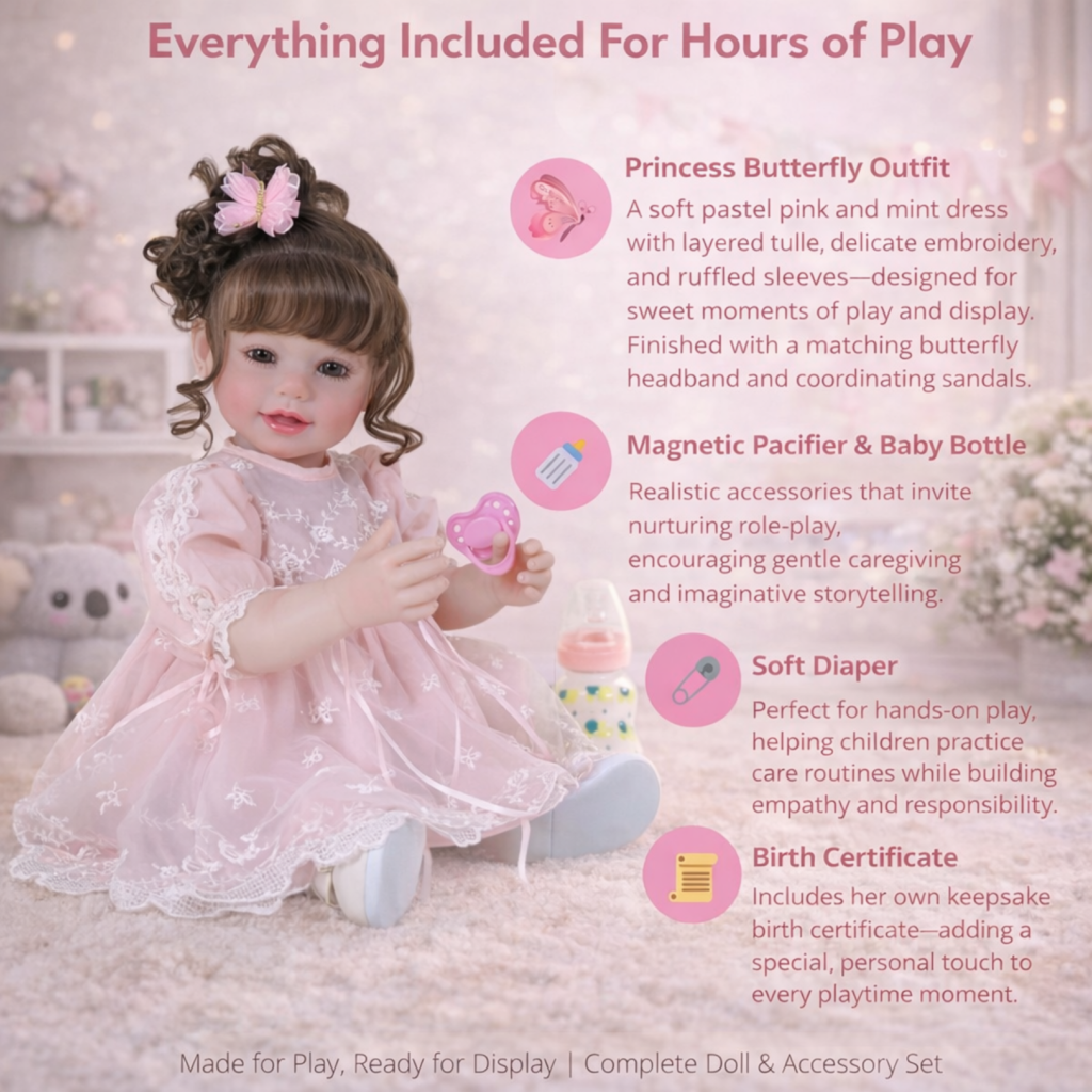 Butterfly Princess toddler doll set with pink dress, pacifier, baby bottle, diaper, and birth certificate