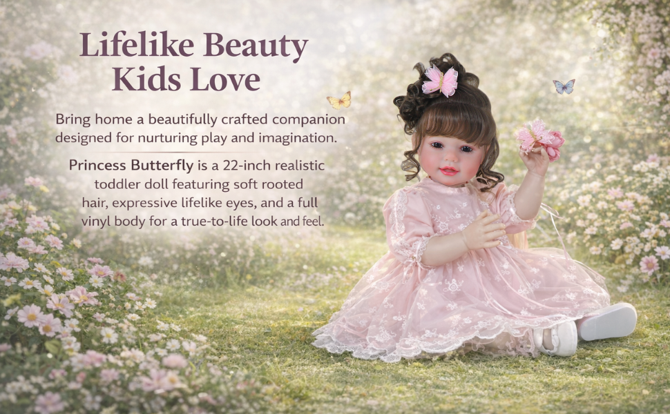 Butterfly Princess toddler doll in pink dress sitting in floral garden scene with butterfly details