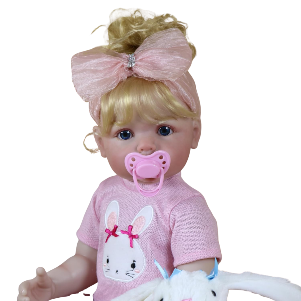 Ellie Mae toddler doll close-up with blonde hair, pink bow headband, and pacifier