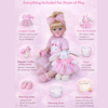 Ellie Mae toddler doll set with outfit, plush bunny, pacifier, baby bottle, diaper, and birth certificate