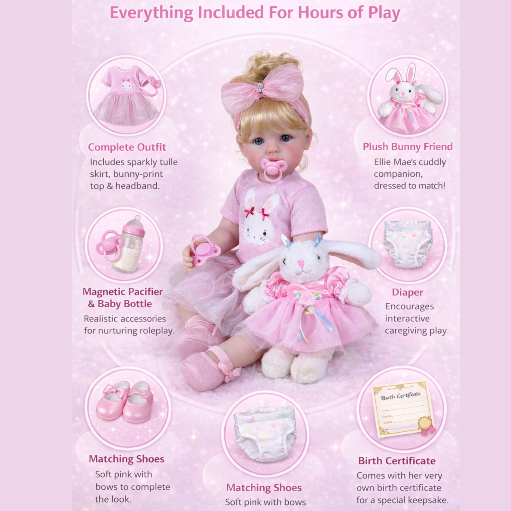 Ellie Mae toddler doll set with outfit, plush bunny, pacifier, baby bottle, diaper, and birth certificate