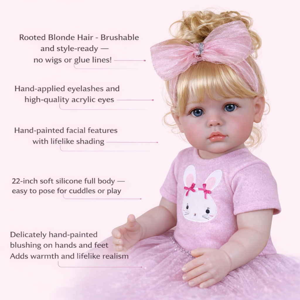 Ellie Mae toddler doll showing rooted blonde hair, hand-painted facial features, and soft vinyl body