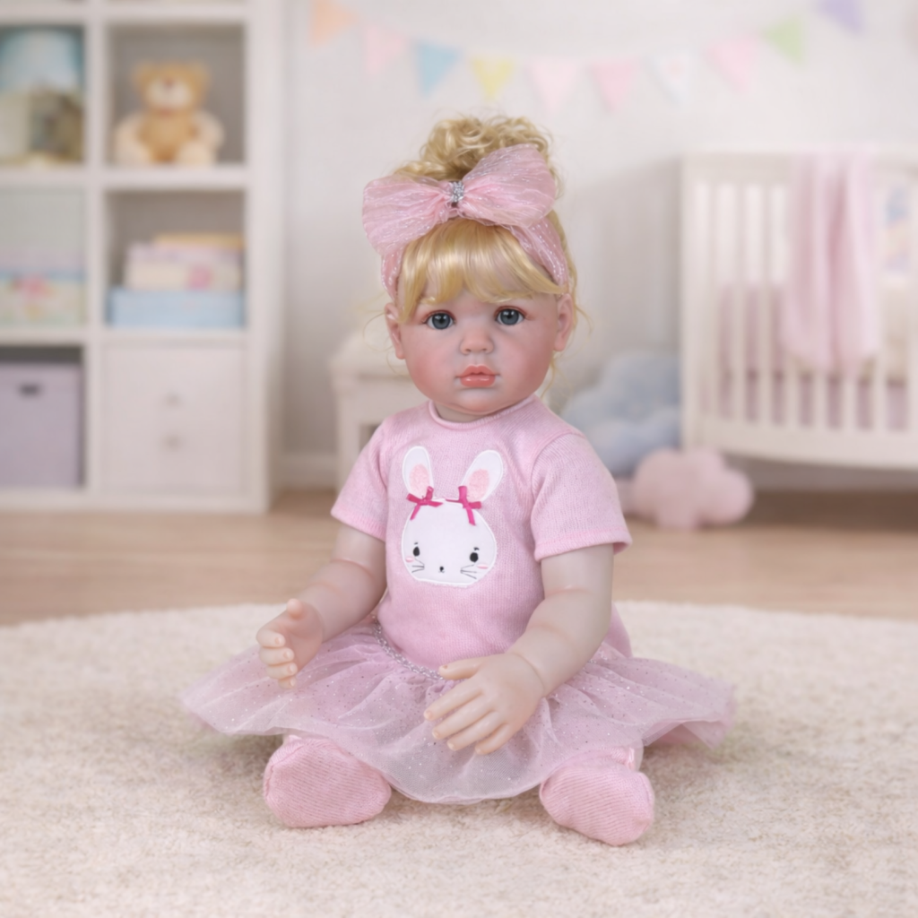 Ellie Mae toddler doll sitting in nursery room with soft pink outfit and bow headband