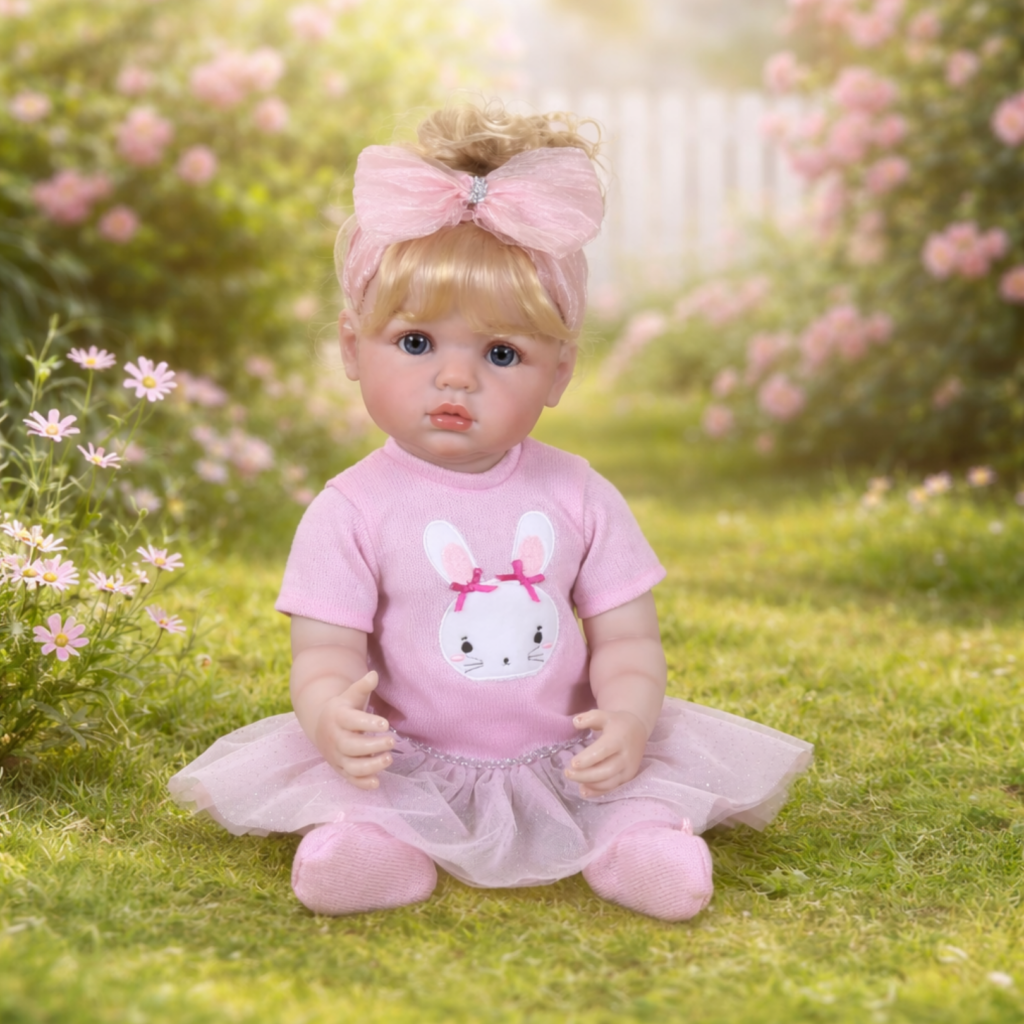 Ellie Mae toddler doll sitting outdoors in soft garden setting wearing pink bunny outfit