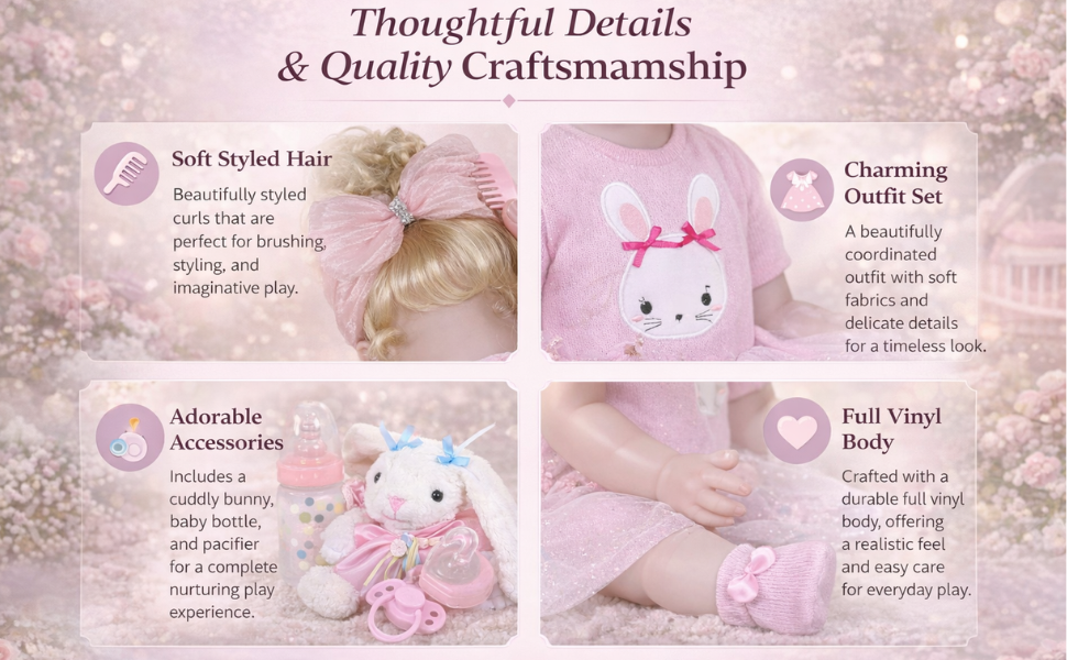 Ellie Mae toddler doll detail collage showing styled blonde hair, outfit, accessories, and full vinyl body