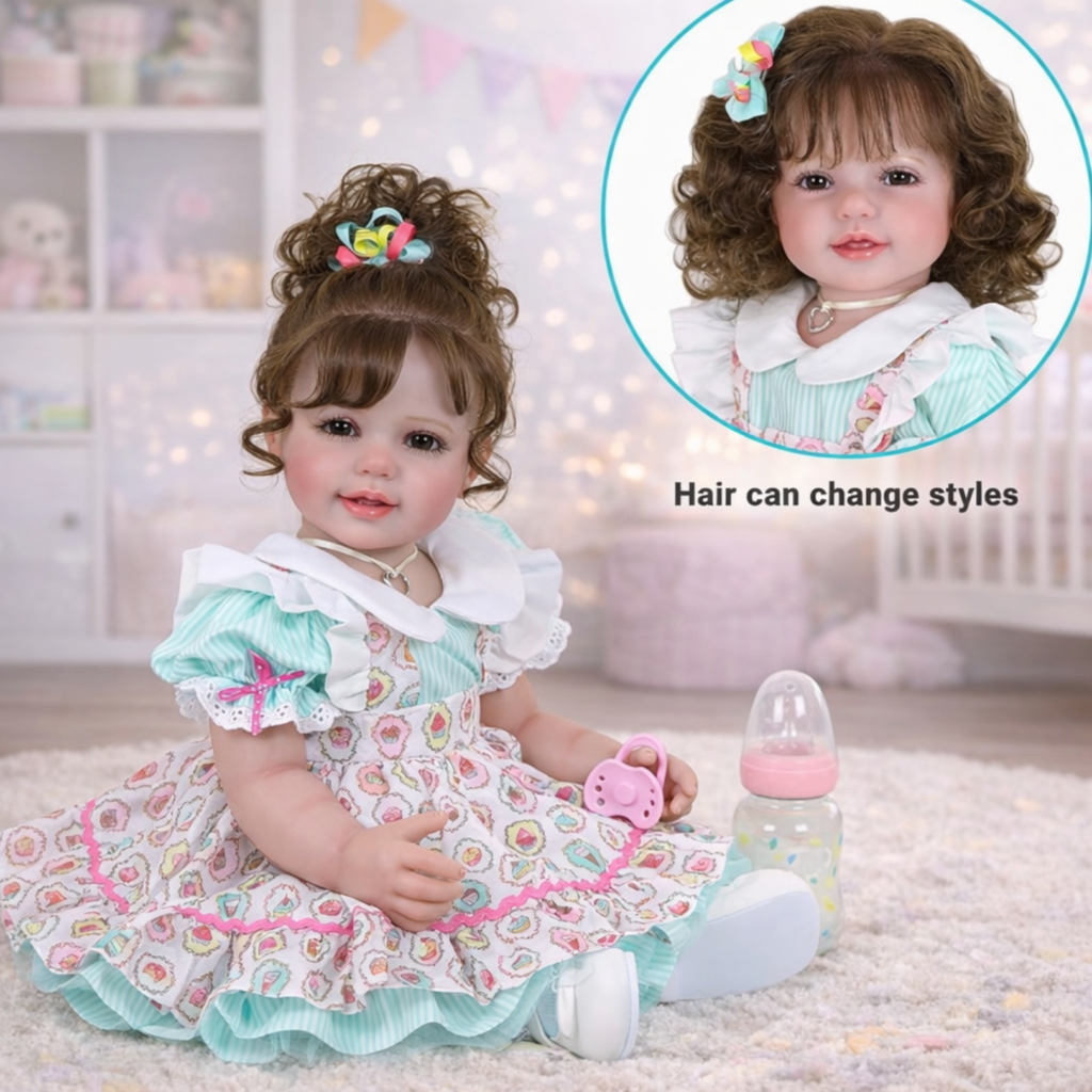 Happy Birthday Girl reborn doll showing different hairstyle with curly hair and bow sitting in nursery setting