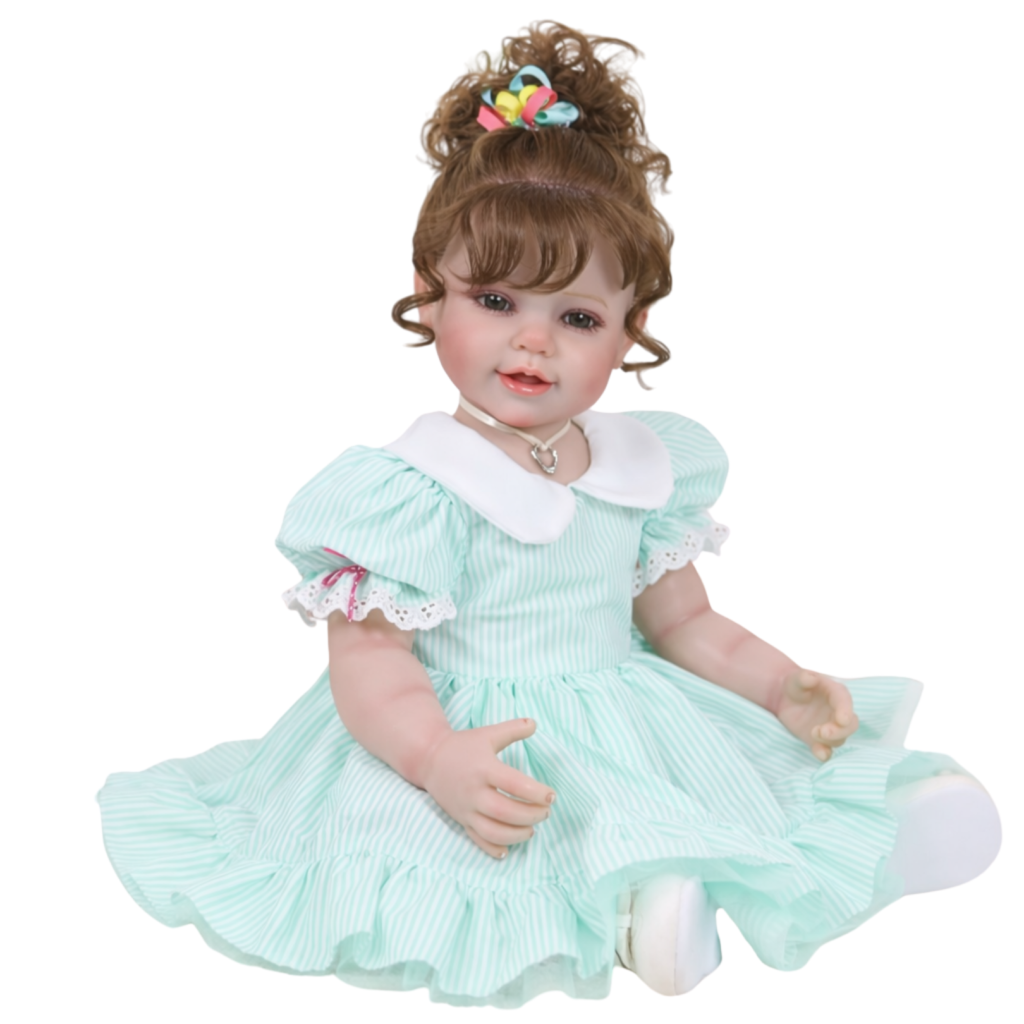 Happy Birthday Girl reborn doll wearing mint green dress full body sitting pose isolated on white background