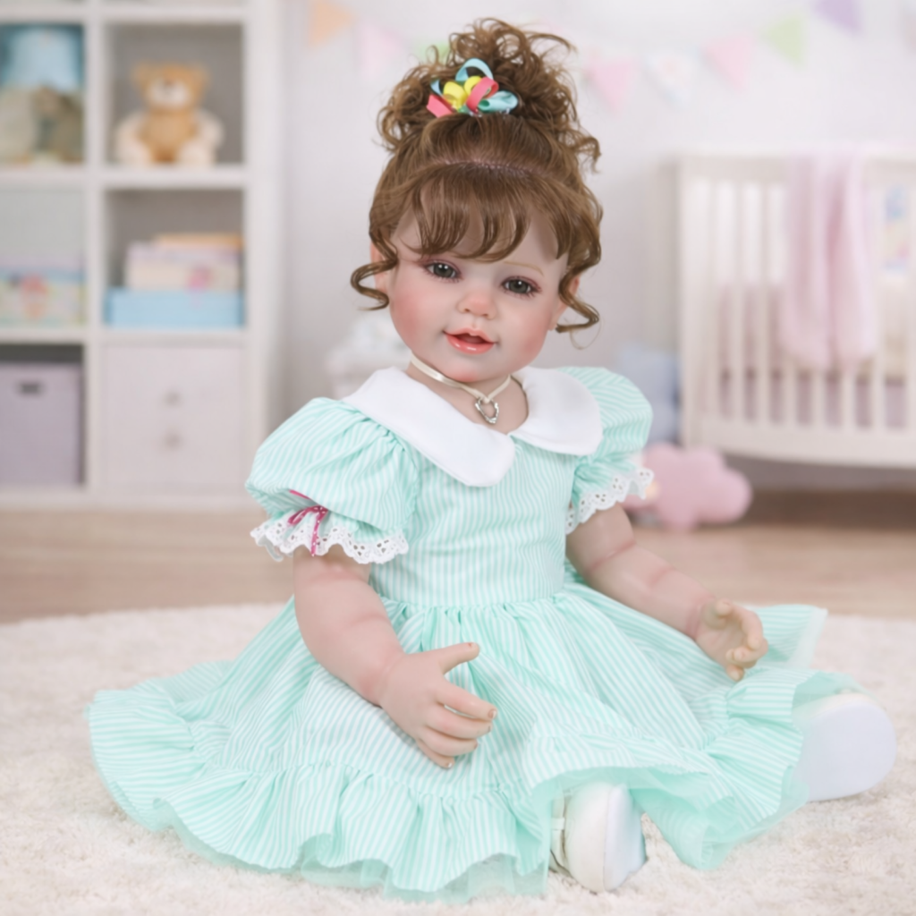 Happy Birthday Girl reborn toddler doll sitting in nursery wearing mint green dress with ruffle collar