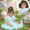 Happy Birthday Girl reborn doll in garden setting showing styled brown curls with bow and baby bottle accessory
