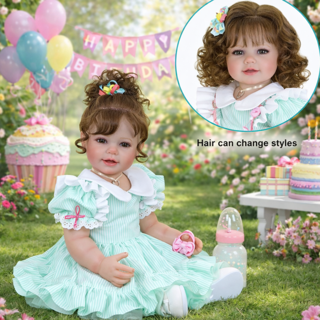 Happy Birthday Girl reborn doll in garden setting showing styled brown curls with bow and baby bottle accessory