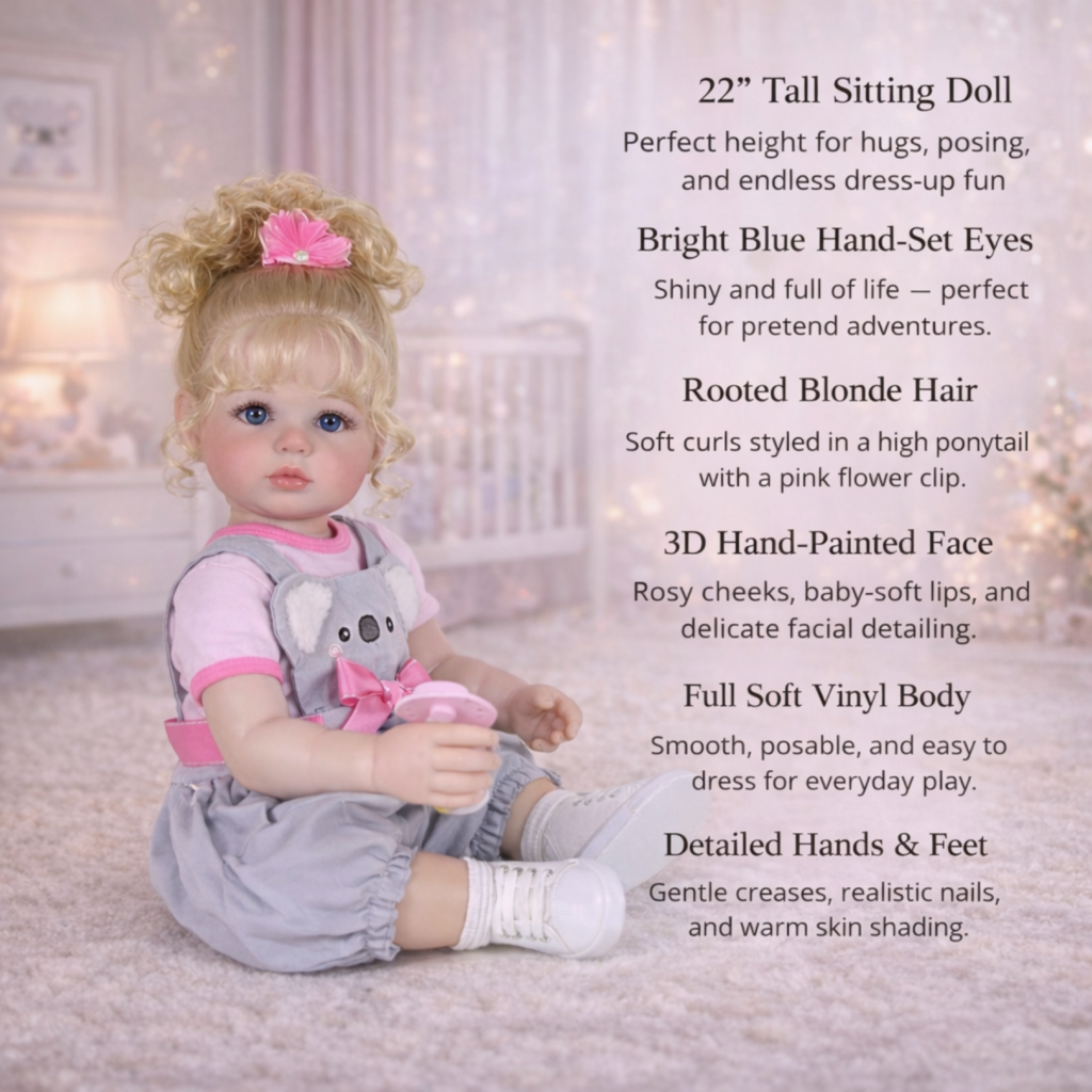 Luna Mae reborn doll features blue eyes rooted blonde hair full soft vinyl body and hand-painted details