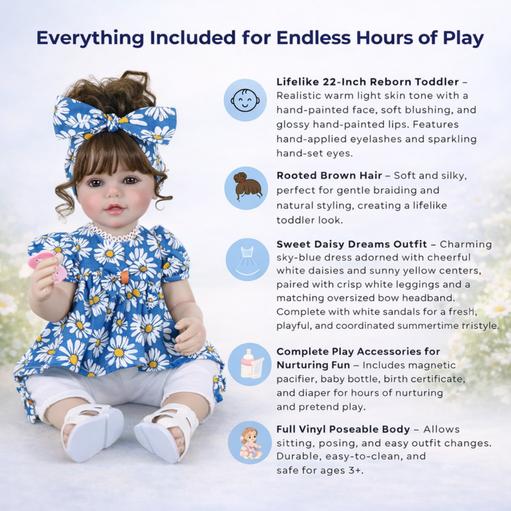 Sweet Dreams Daisy reborn toddler doll features rooted brown hair daisy outfit magnetic pacifier and baby accessories