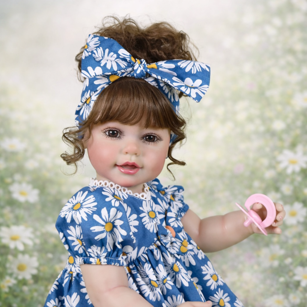 Sweet Dreams Daisy reborn doll close-up in garden setting with brown curls blue floral dress and soft expression