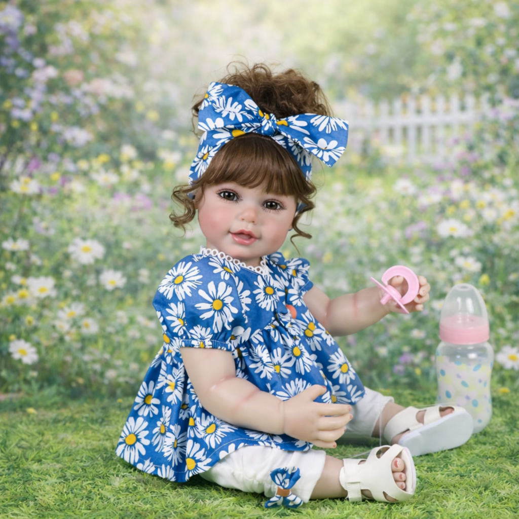 Sweet Dreams Daisy reborn toddler doll sitting on grass with baby bottle wearing blue daisy print dress and bow