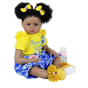Sweet Sunshine Daisy reborn toddler doll sitting with pacifier and baby bottle in coordinated yellow and blue outfit