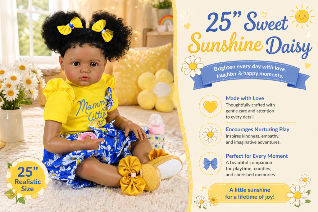 Sweet Sunshine Daisy 25 inch reborn doll in nursery setting wearing yellow outfit with soft cloth body and accessories