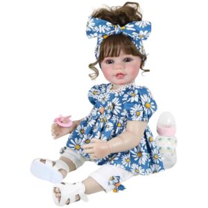 Sweet Dreams Daisy reborn toddler doll wearing blue daisy dress with matching bow holding pacifier and baby bottle