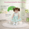 Froggy Girl reborn toddler doll set with frog dress, jacket, pacifier, bottle, shoes, and accessories