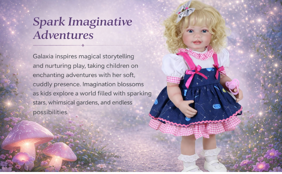 Galaxia reborn toddler doll in star dress standing in magical garden scene designed for imaginative play and storytelling