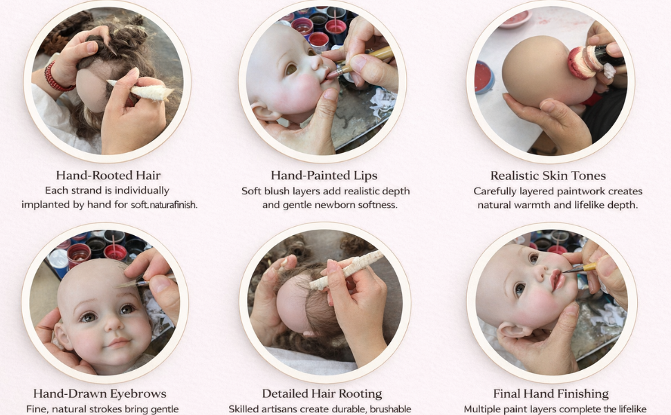 Handcrafted artistry of a realistic reborn doll showing meticulous hand-painting and rooting process
