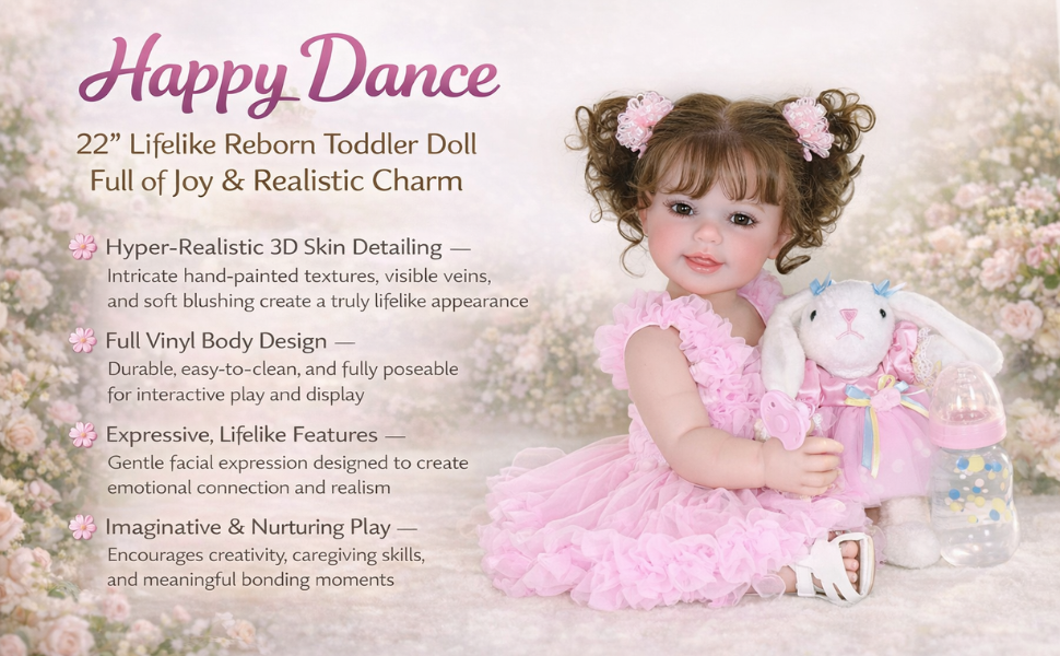 Happy Dance toddler doll in pink dress sitting in floral garden scene with plush bunny.