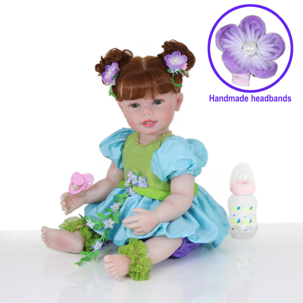 Enchanting handmade lilac flower headband accessory included with the Meadow Grace reborn toddler set.