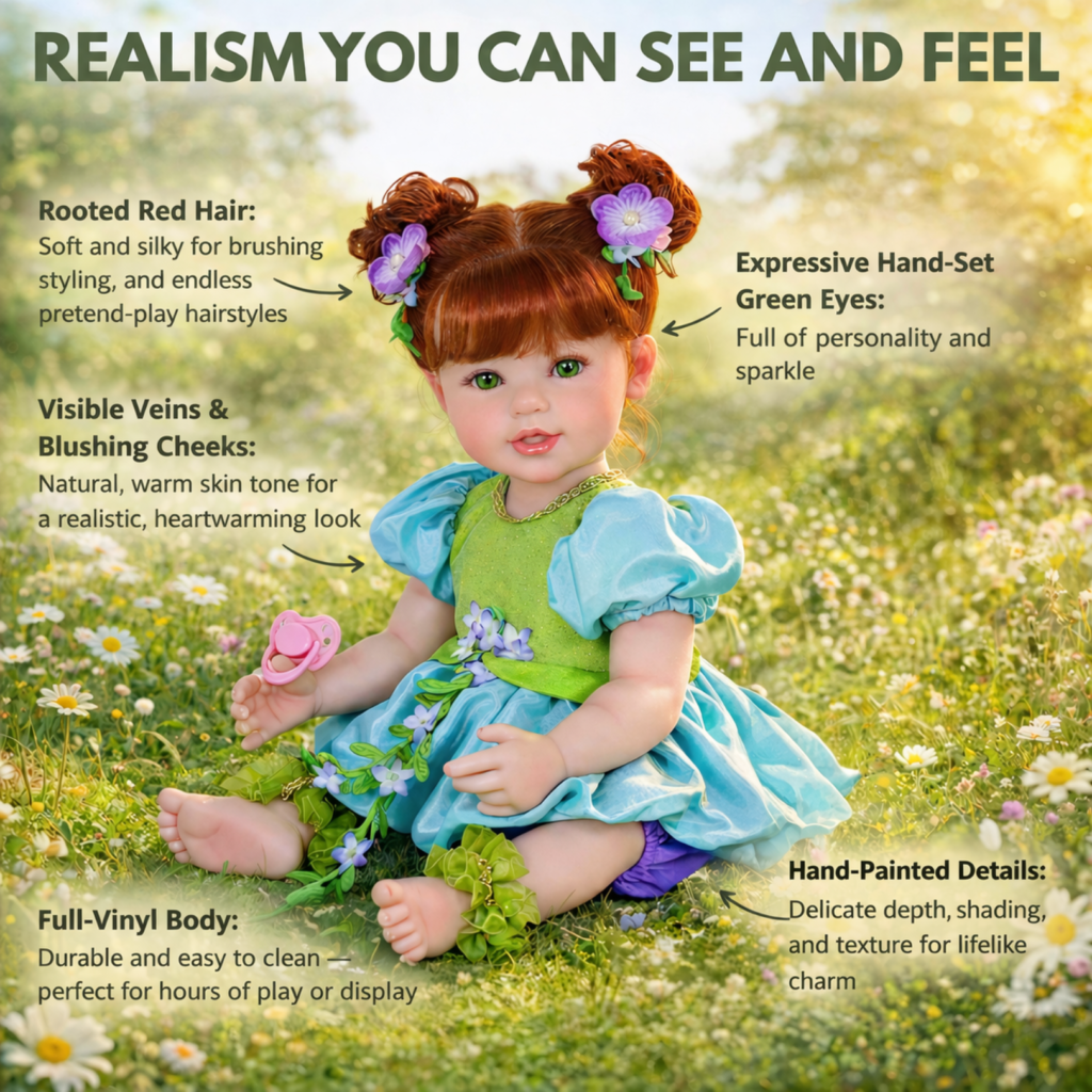Infographic of Meadow Grace highlighting durable full vinyl body, red hair, and stunning green eyes for magical play.