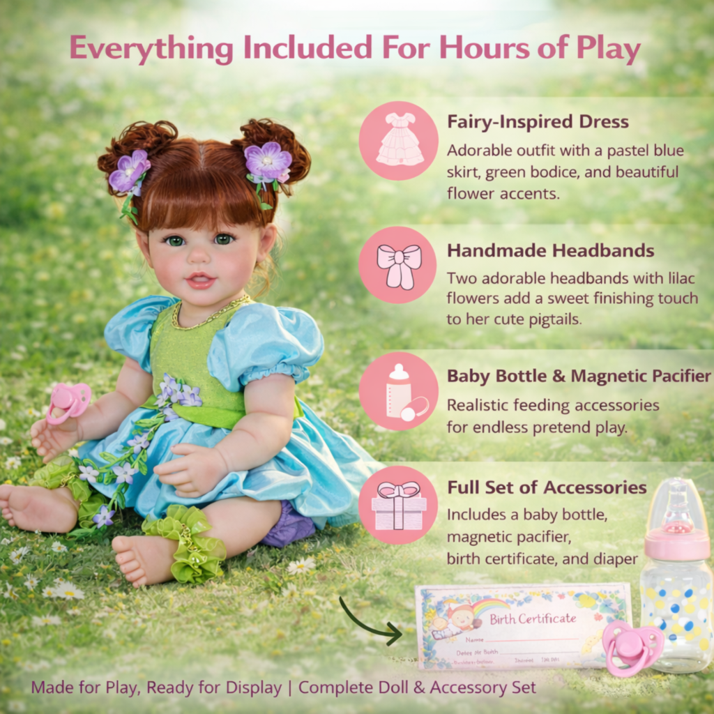 Everything included with Meadow Grace: fairy-inspired dress, magnetic pacifier, bottle, and birth certificate for heartwarming play.