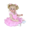 Aubrey Rose 22 inch reborn toddler doll sitting in pink ruffle dress with curly blonde pigtails and blue eyes