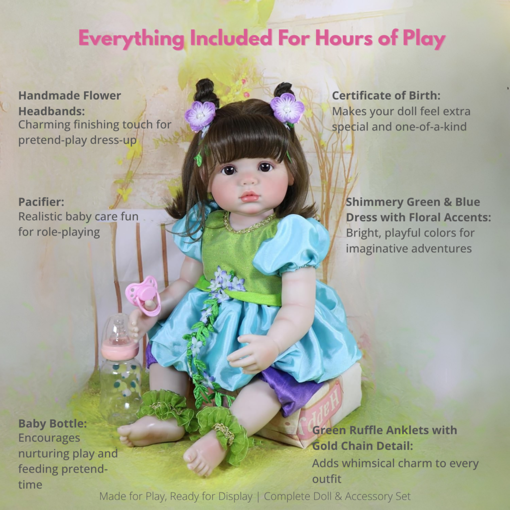 toddler playing with realistic reborn baby doll in nursery room