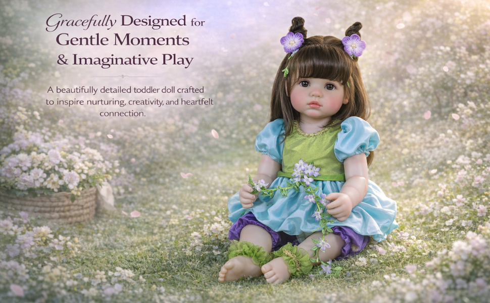 Blossom Belle reborn toddler doll with brown hair and floral clips wearing a blue and green dress, sitting in a garden holding flowers, designed for gentle imaginative play