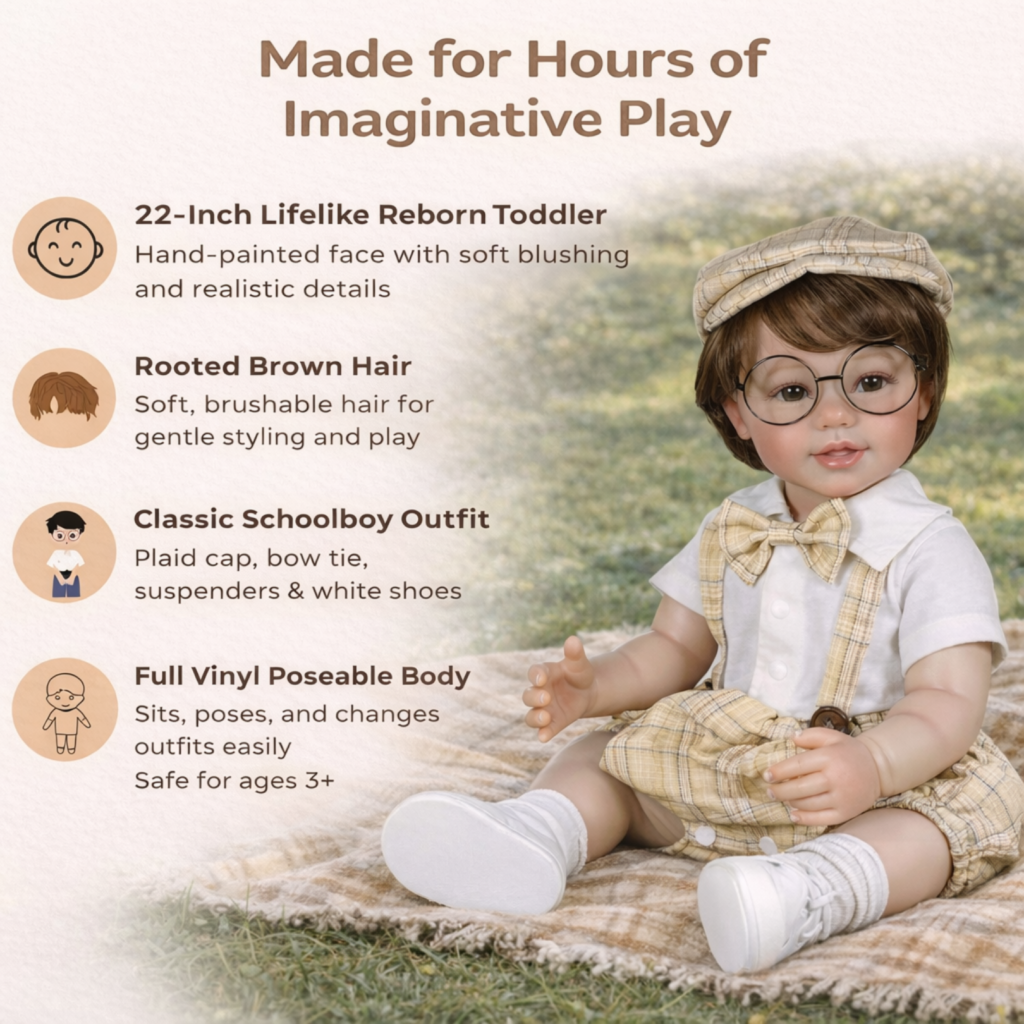 Charlie Brooks 22 inch reborn toddler doll with rooted brown hair, soft vinyl poseable body and schoolboy outfit features